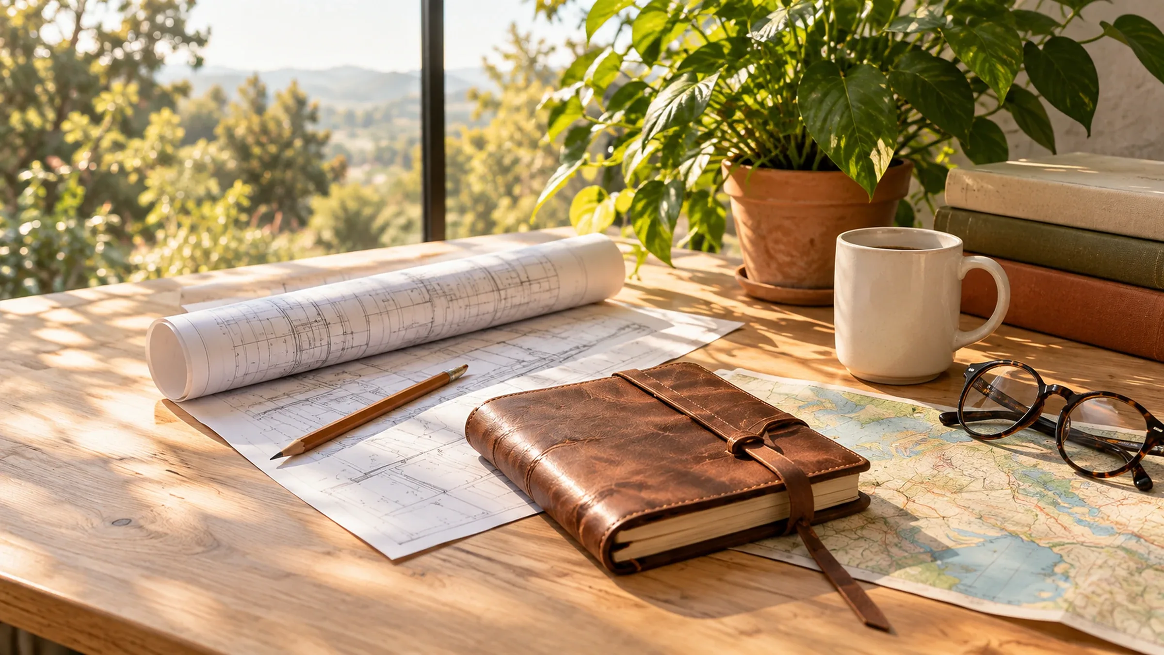 A leather journal on architectural drawings beside a mug, reading glasses and a stack of books.