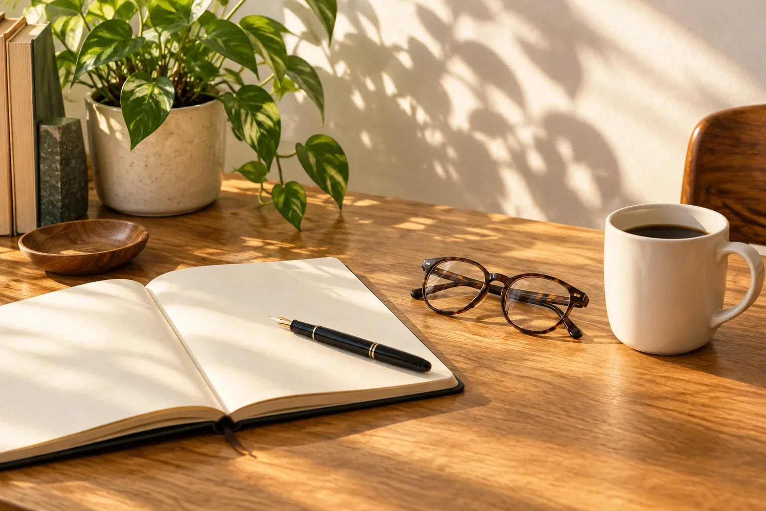 A notebook, a pen and reading glasses on a sunlit desk beside a mug and a plant.