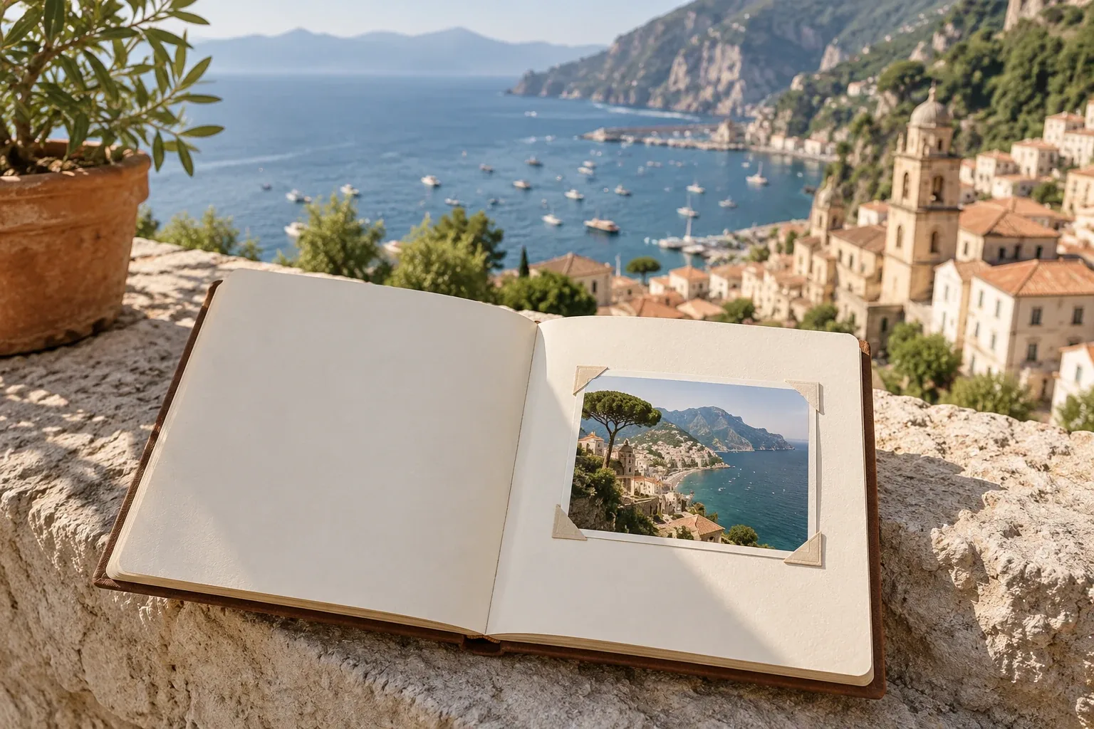 An open travel journal on a clifftop above a harbour.