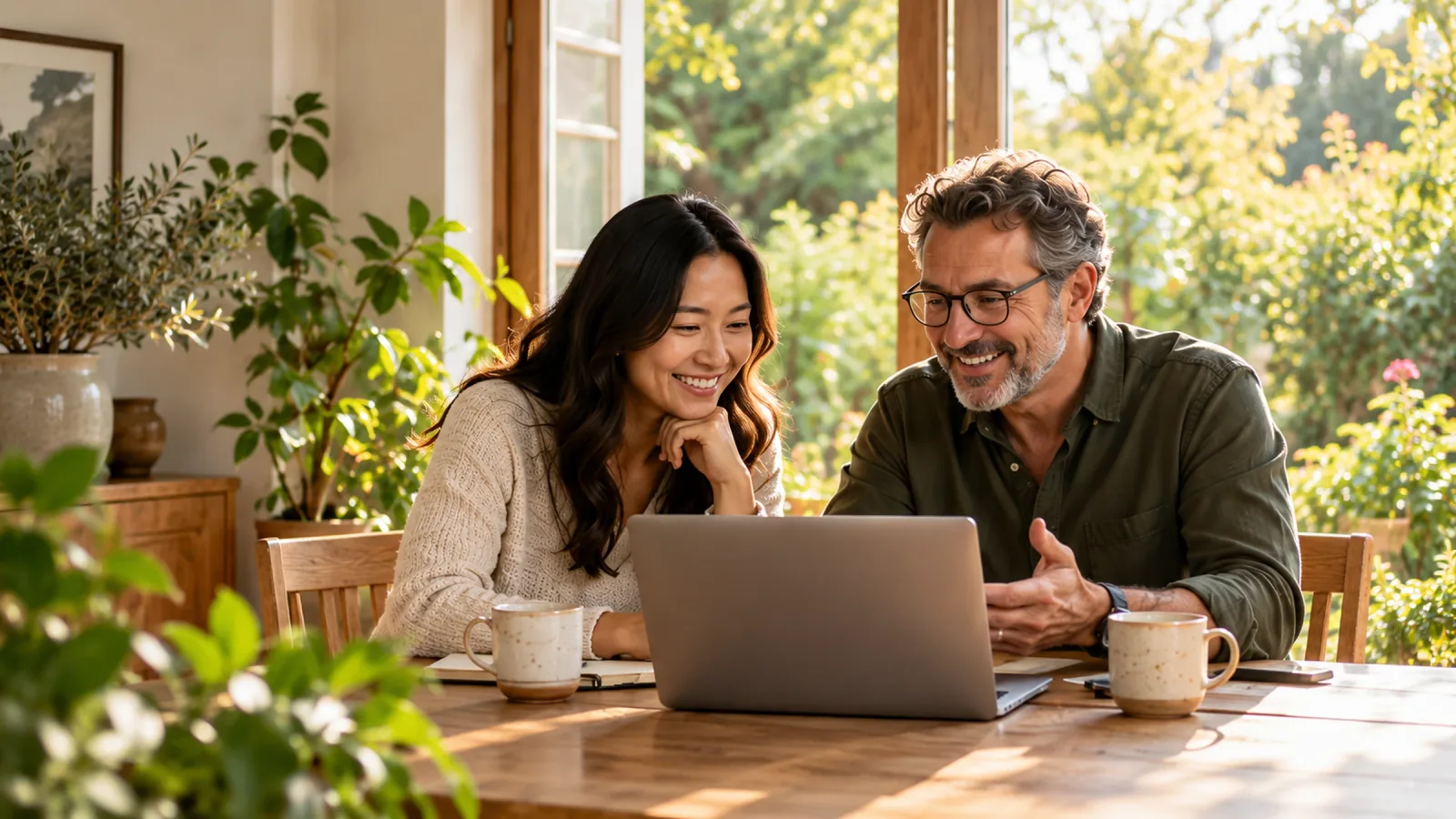 Two colleagues smiling over a laptop at a sunlit table.