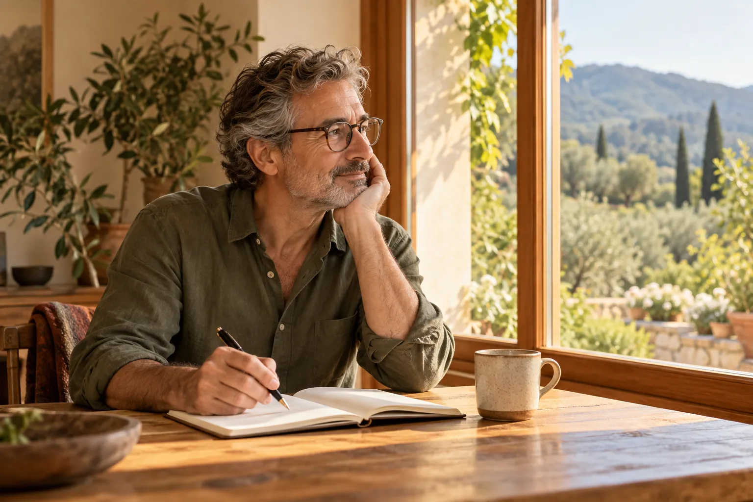 A man with glasses writing in a notebook at a sunlit table, looking out of the window.
