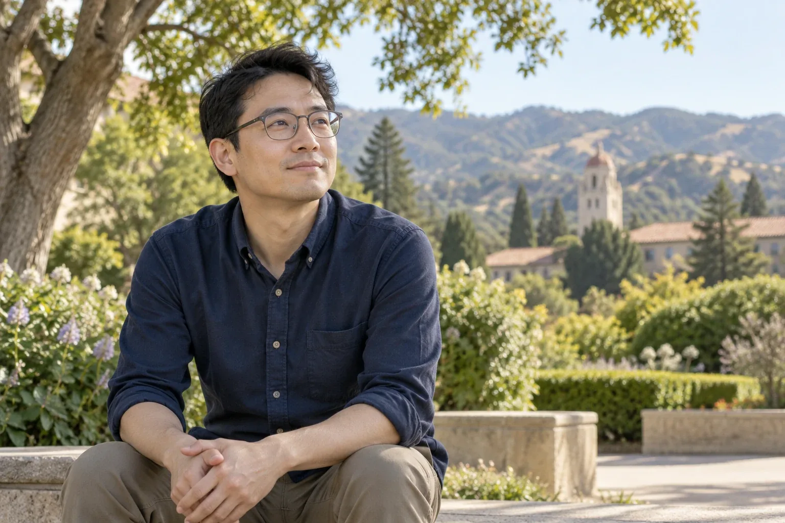 An engineer looking out over hills and a distant town.