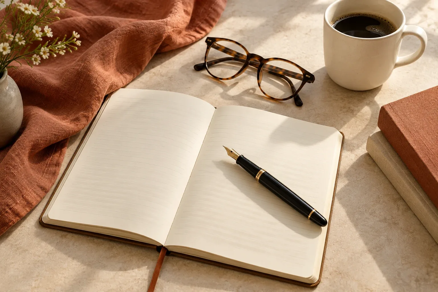 An open notebook and a fountain pen beside reading glasses and a mug.