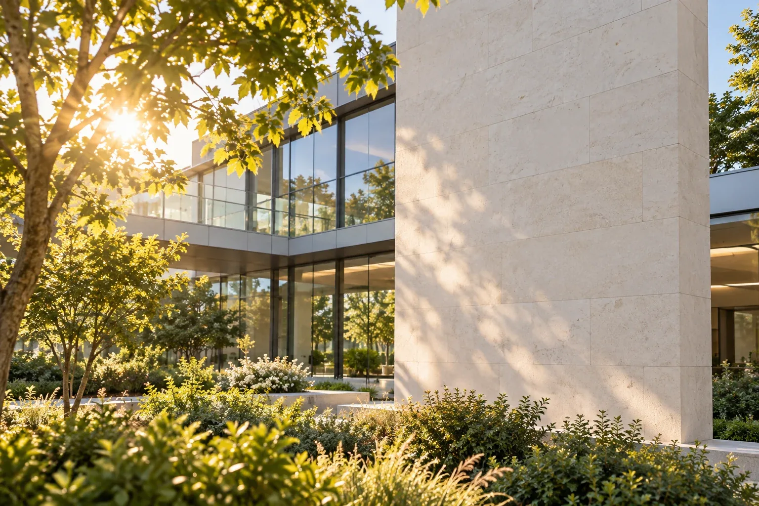 Sunlight through leaves beside a modern building.