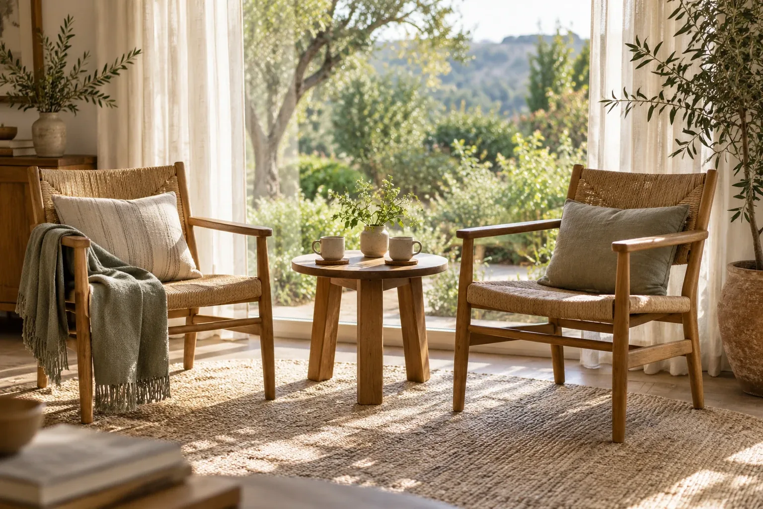 Two chairs and a small table beside a sunlit window.