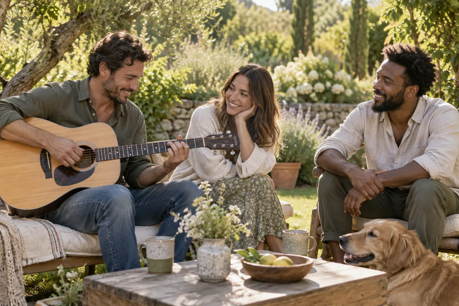 Friends laughing together while one plays guitar.