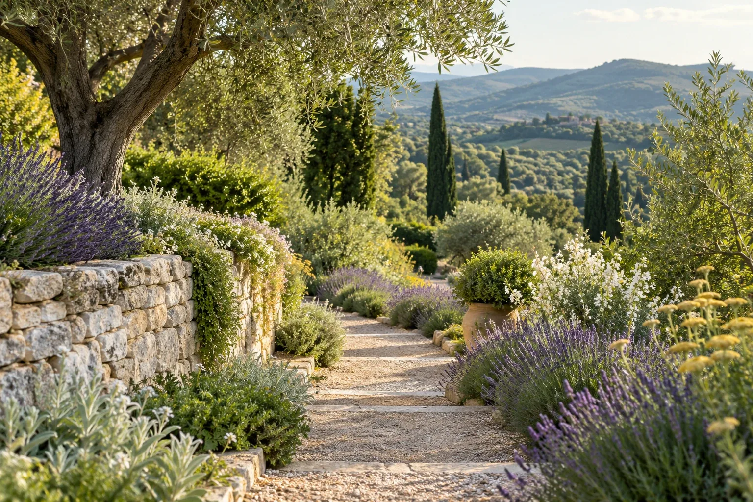 A garden path between lavender and olive trees leading to distant hills.