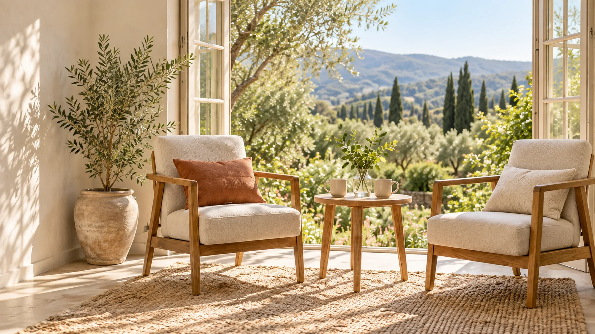 Two armchairs and a small table with two cups beside open doors onto a garden.