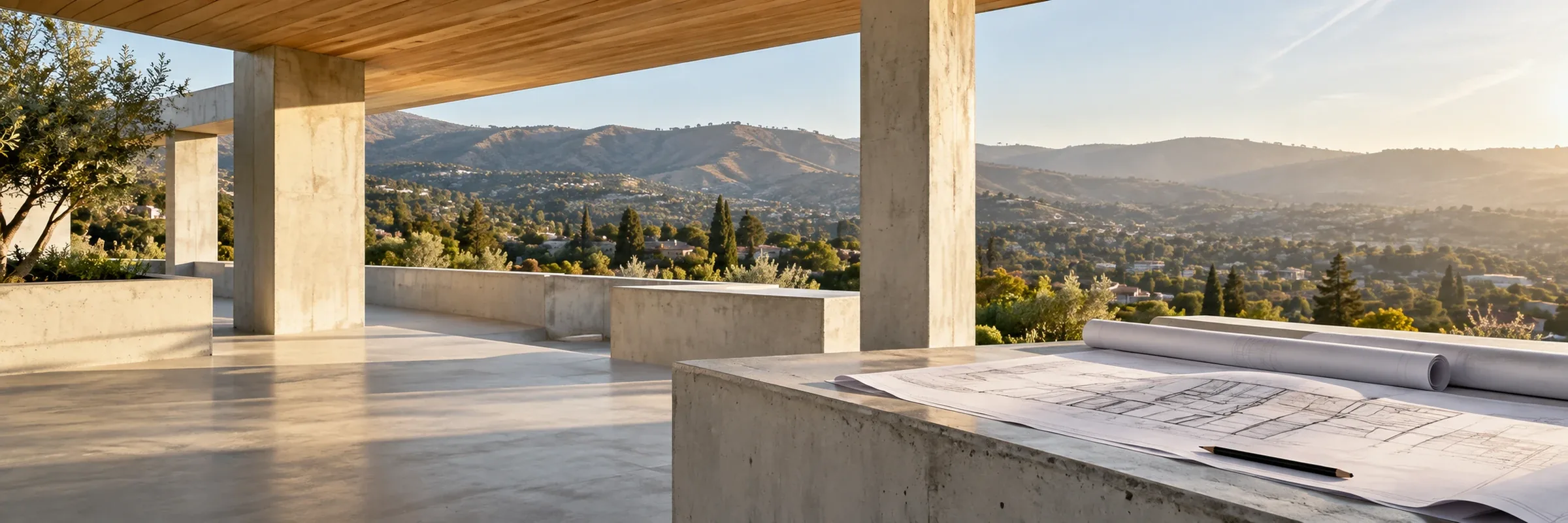 A concrete pavilion with drawings and a pen on a table, looking out over hills.