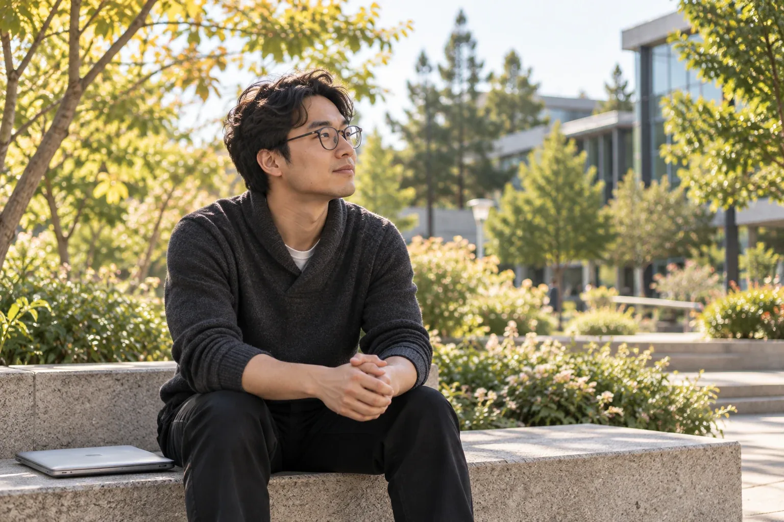 An engineer sitting outdoors in thought beside his laptop.