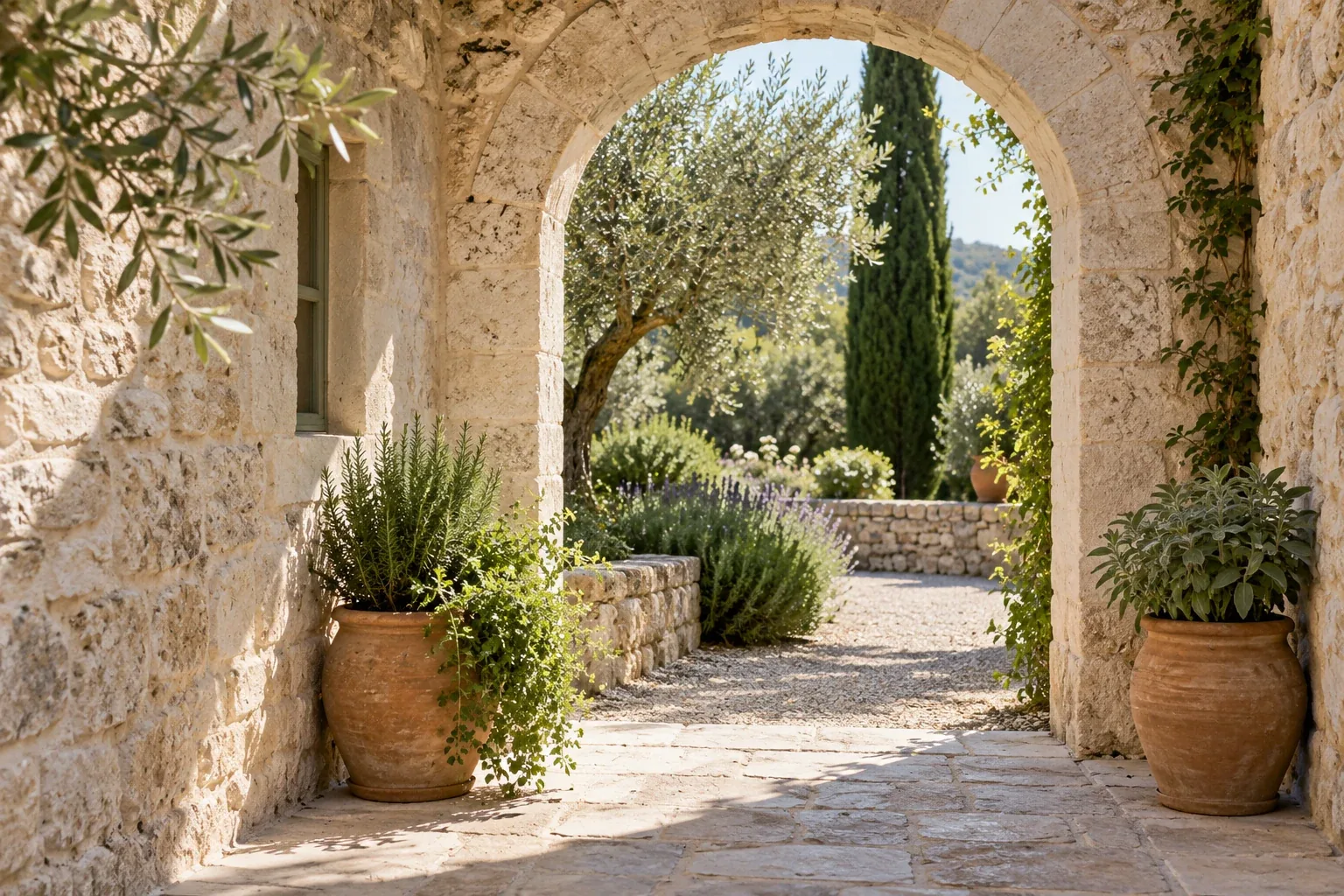 A stone archway opening onto a garden path lined with cypress trees.