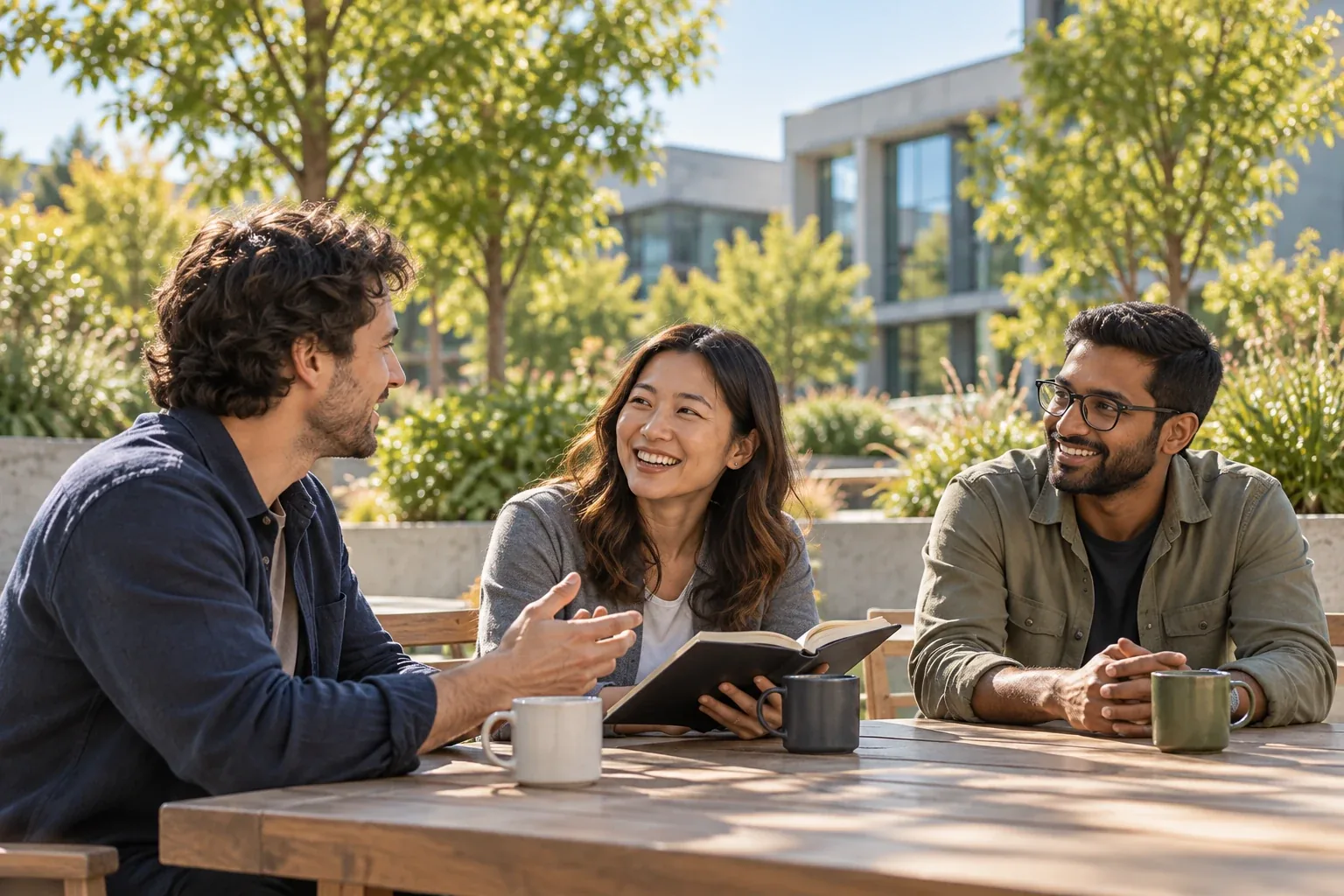 Three colleagues smiling over notebooks and coffee.