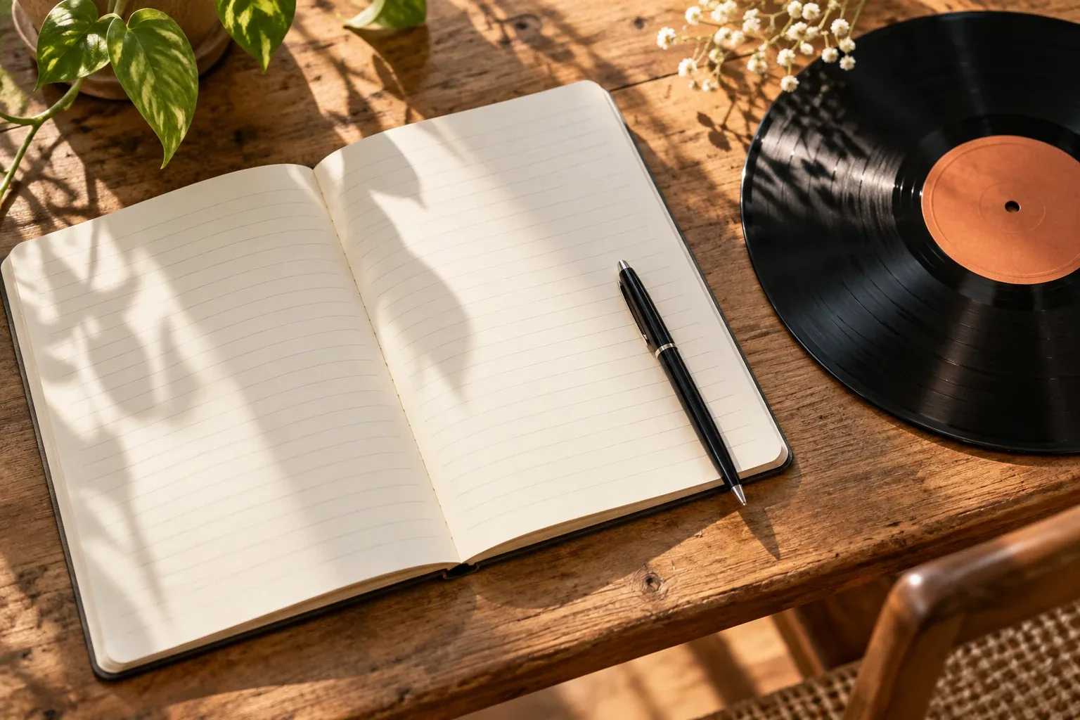 An open notebook and a pen beside a vinyl record on a wooden table.
