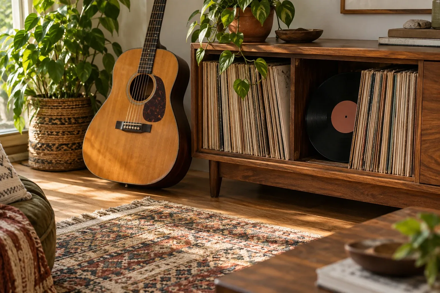 An acoustic guitar beside a stack of vinyl records.