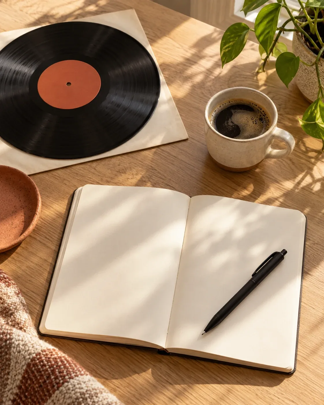 A vinyl record, a cup of coffee and a notebook with a pen on a sunlit table.