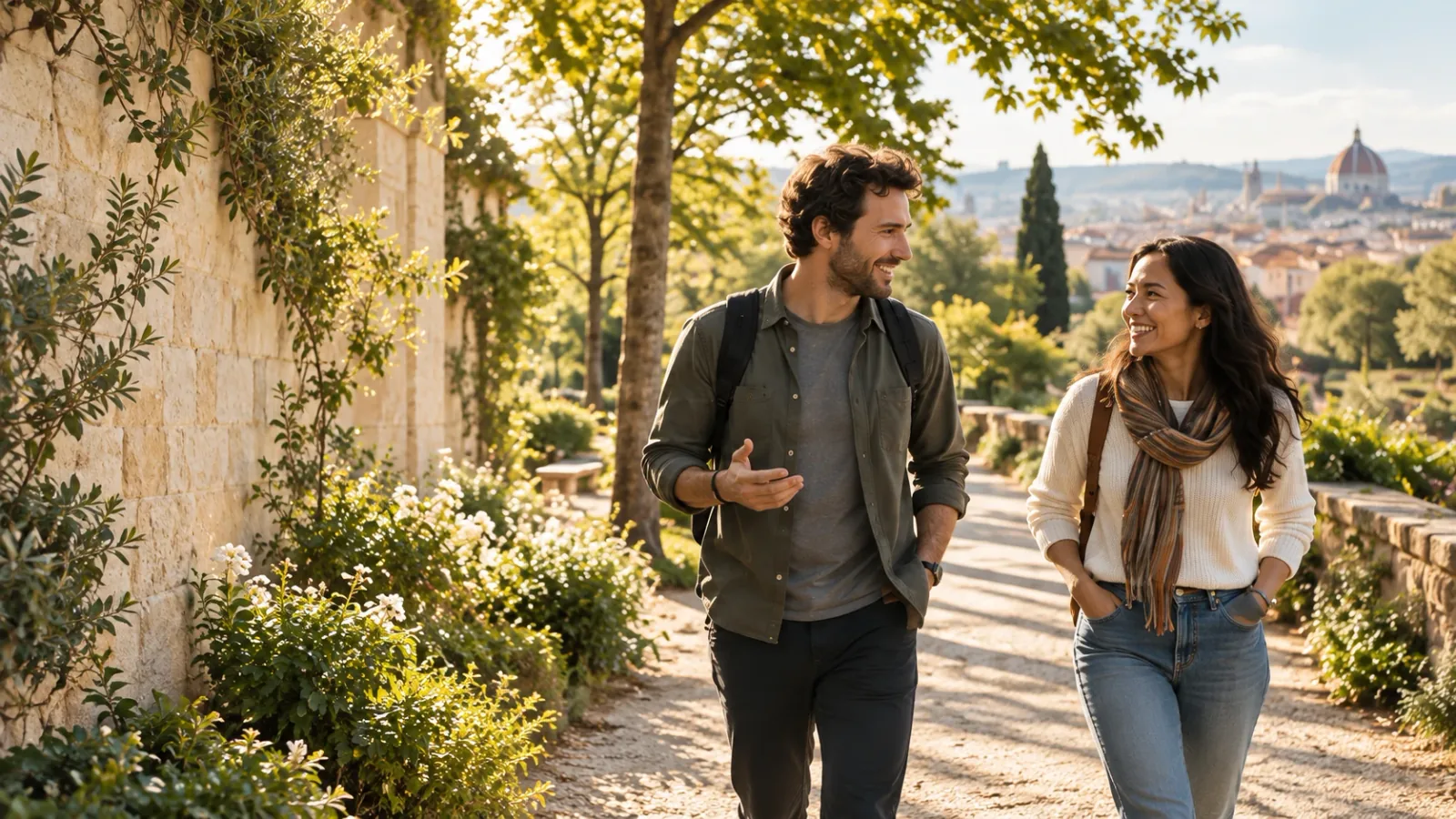 Two people talking as they walk a garden path beside a stone wall.