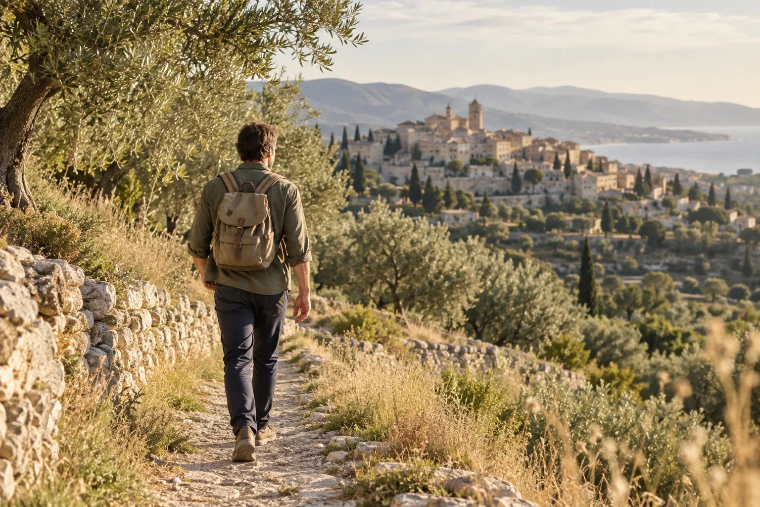 A hiker with a backpack on a wooded trail at sunrise.