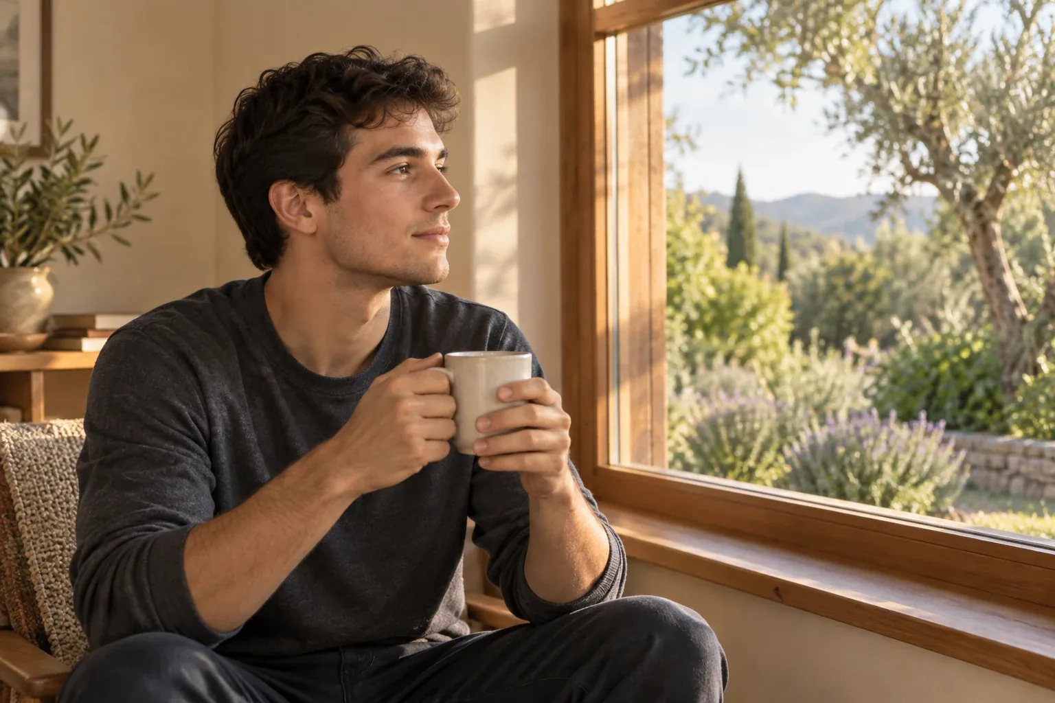 A man with a cup of tea looking out of a window in quiet thought.