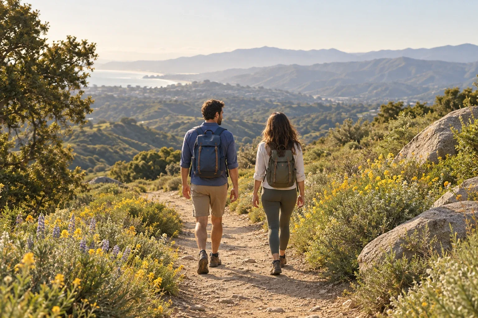 Two people with backpacks walking a hillside trail.