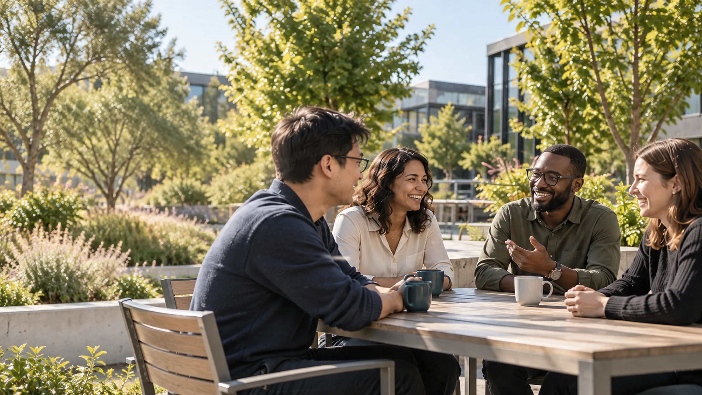 Four colleagues in conversation around a table outdoors.